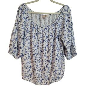 Misia Curvy Womens 1X Floral Linen Blend Peasant Blouse White Blue Spring Boho